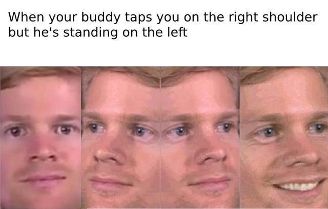 The image shows a four-panel sequence of a man's face, starting with a neutral expression, then a confused look, then a more…