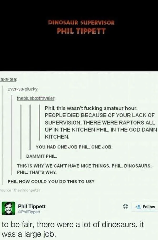 The image displays a screenshot of a Twitter thread where users are angrily blaming Phil Tippett for a mistake in a movie…