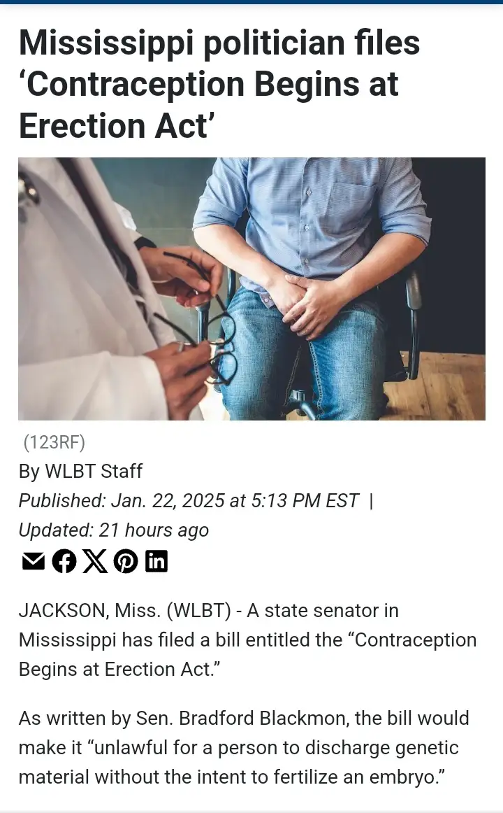 A news article screenshot shows a doctor examining a patient's genitals, with the headline 'Mississippi politician files…
