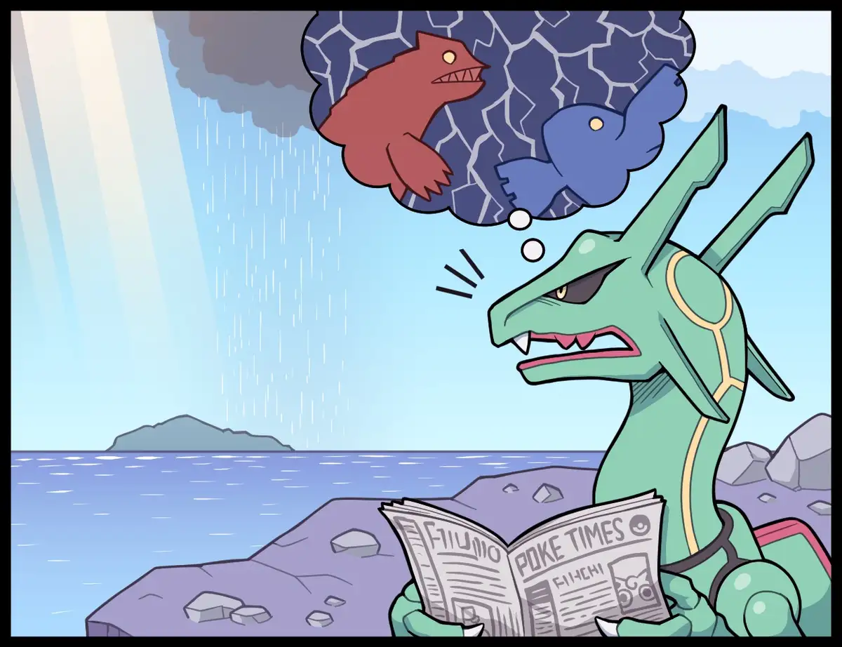 A green dragon-like Pokémon, likely a Gyarados, sits on a rocky shore reading a newspaper titled 'POKE TIMES' while rain…