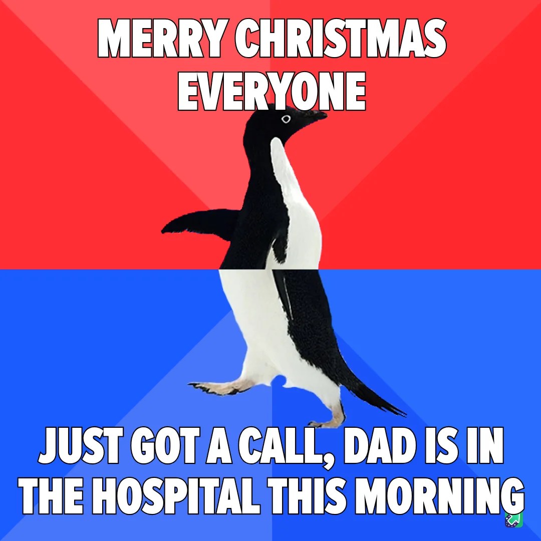 A penguin stands against a red and blue background, with the text 'MERRY CHRISTMAS EVERYONE' at the top and 'JUST GOT A…