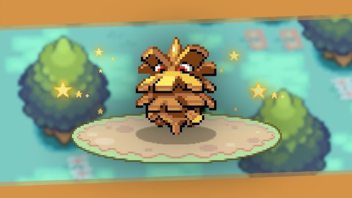 A pixelated, anthropomorphic pinecone with red eyes and a stern expression stands on a circular platform, surrounded by…