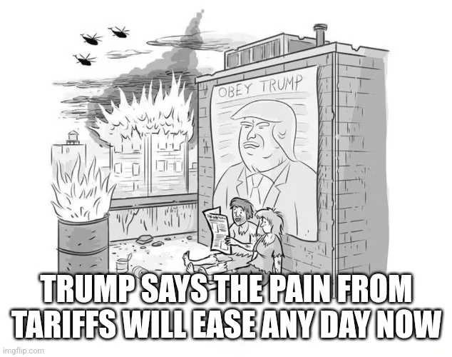A black-and-white cartoon depicts a ruined urban scene with burning buildings and helicopters flying overhead. Two people…