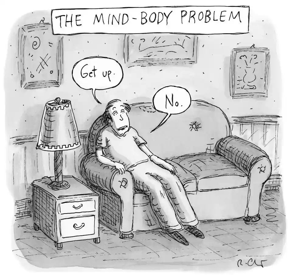 A black-and-white cartoon depicts a man lounging on a worn couch in a living room, with a lamp and nightstand to his left…