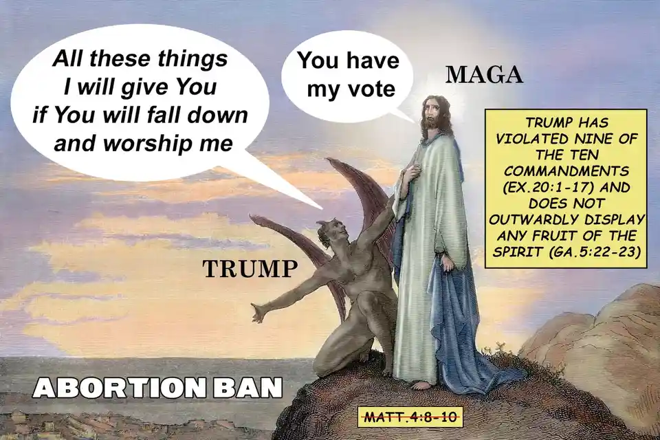 A religious painting depicts a devil labeled 'TRUMP' offering 'All these things I will give You if You will fall down and…