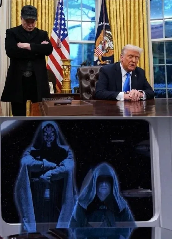 The top panel shows Donald Trump seated at a desk in the Oval Office, while a man in a black coat and 'MAKE AMERICA GREAT…