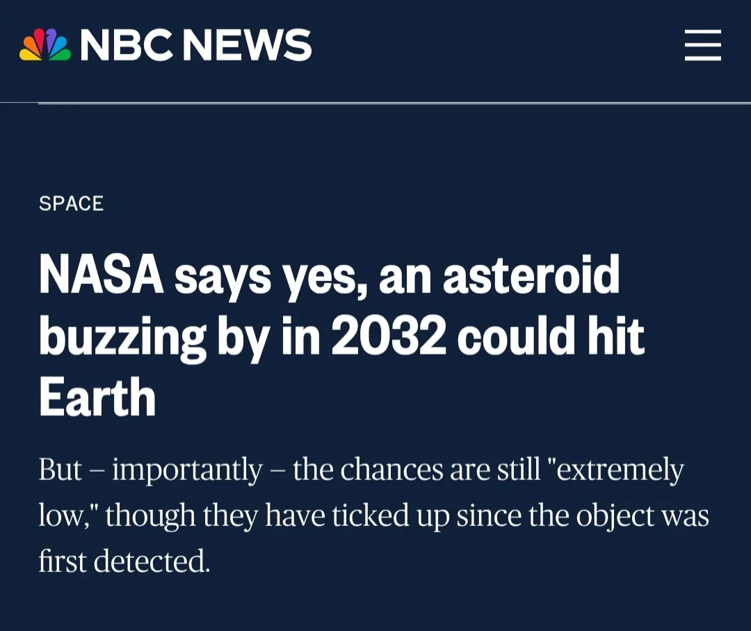 A screenshot of an NBC News article under the 'SPACE' category with a headline stating NASA confirms a 2032 asteroid flyby…