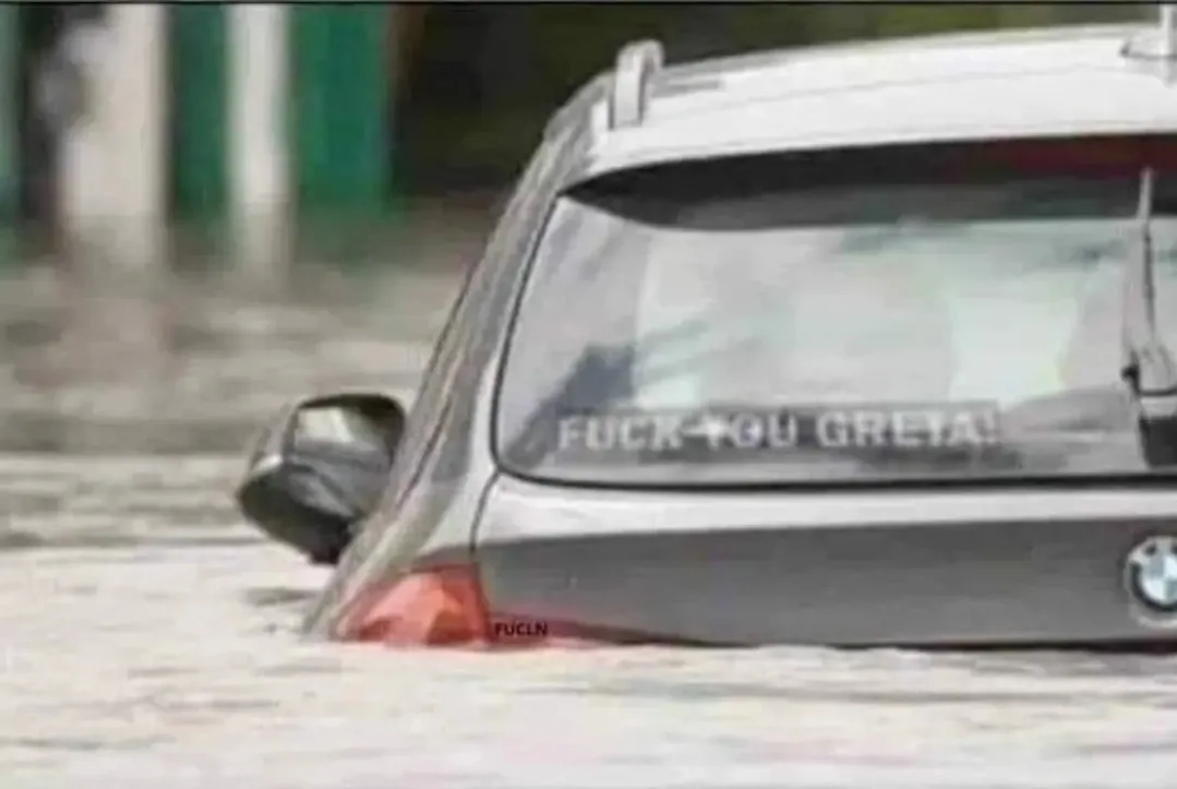 A silver BMW station wagon is partially submerged in floodwaters, with only the rear window, roof, and taillight visible…