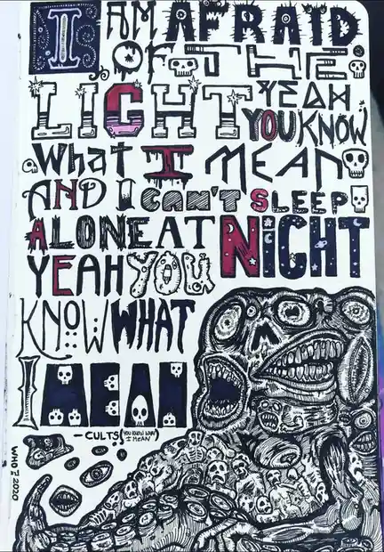 A hand-drawn, black-and-white illustration features a monstrous, multi-eyed creature with tentacles and skulls, occupying…