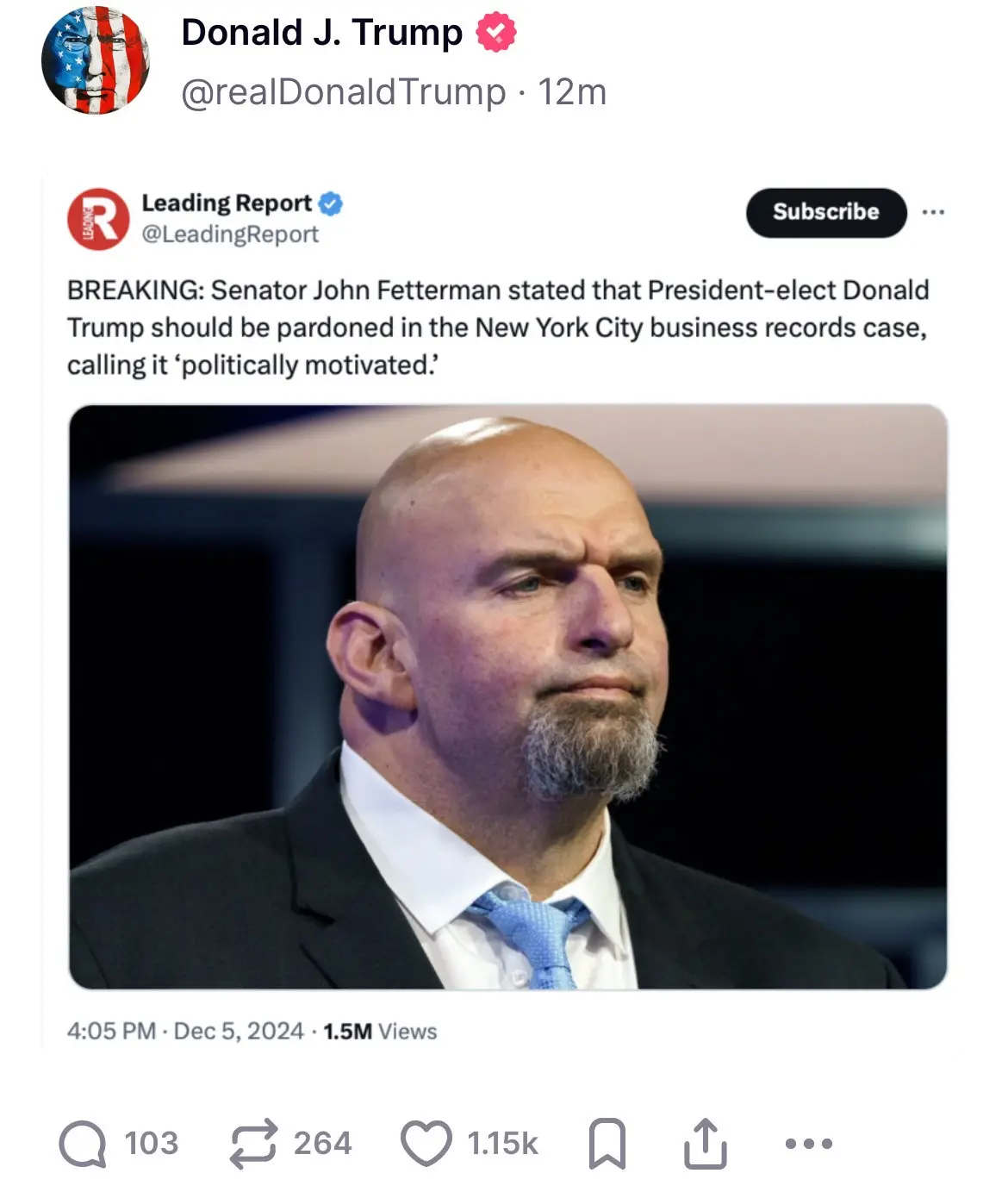 A screenshot of a social media post by Donald J. Trump showing a video thumbnail of Senator John Fetterman looking serious…