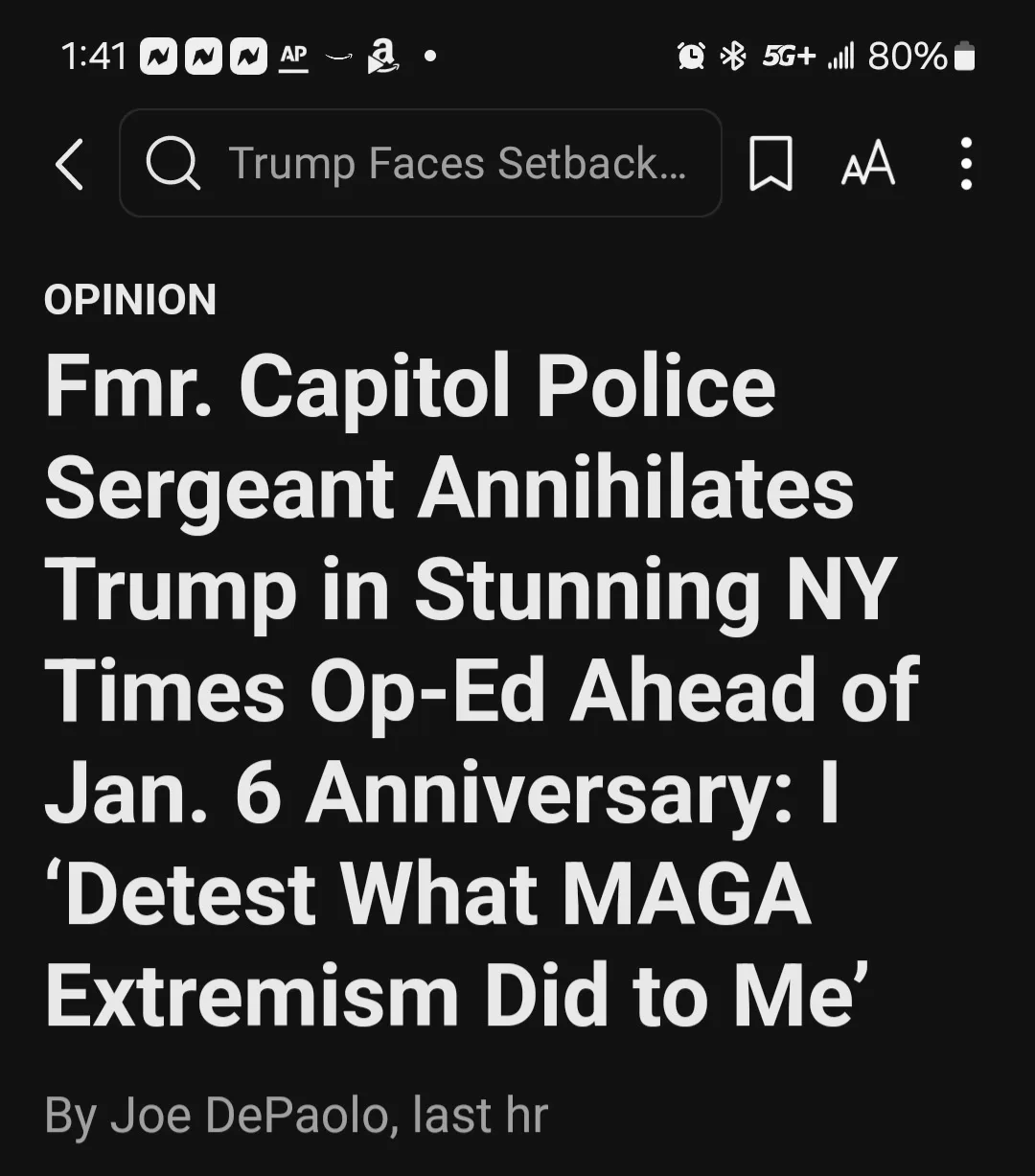A screenshot of a New York Times opinion article headline on a dark mode phone interface. The headline reads 'Fmr. Capitol…