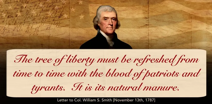 A portrait of Thomas Jefferson is overlaid on a background resembling an American flag with handwritten text. A wooden…