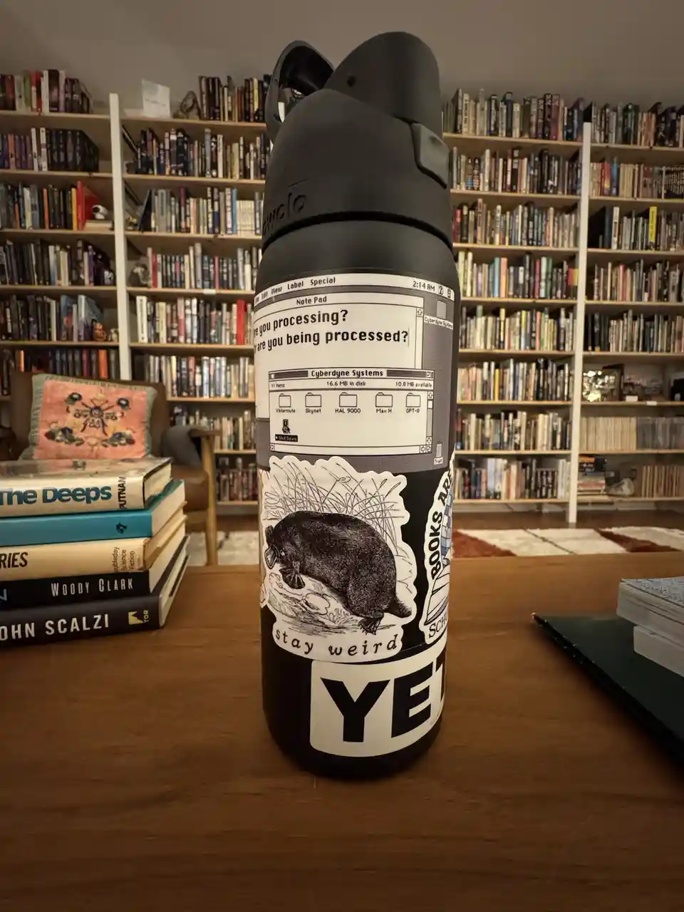 A black water bottle sits on a wooden table in front of bookshelves, covered in stickers including a 'Note Pad' graphic…