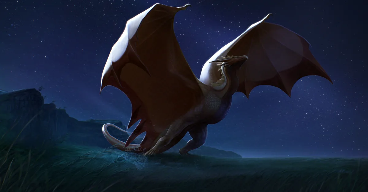 A majestic, large dragon with brown and white wings stands on a grassy hill under a starry night sky, its wings spread wide…