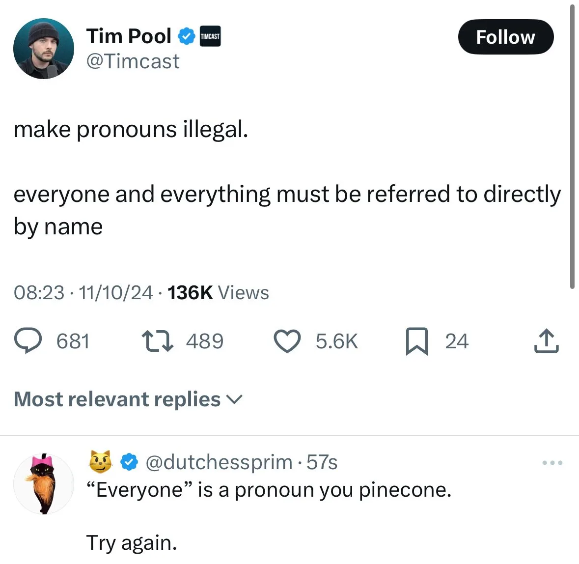 A screenshot of a Twitter post by Tim Pool that reads 'make pronouns illegal. everyone and everything must be referred to…
