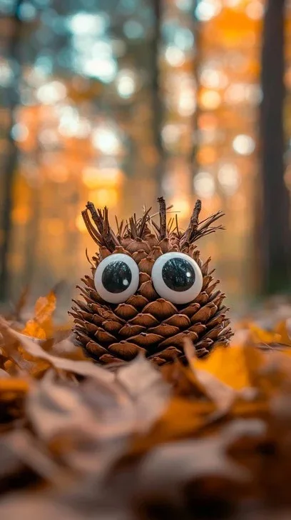 A pinecone in an autumn forest is humorously adorned with large, cartoonish googly eyes, giving it a startled or mischievous…