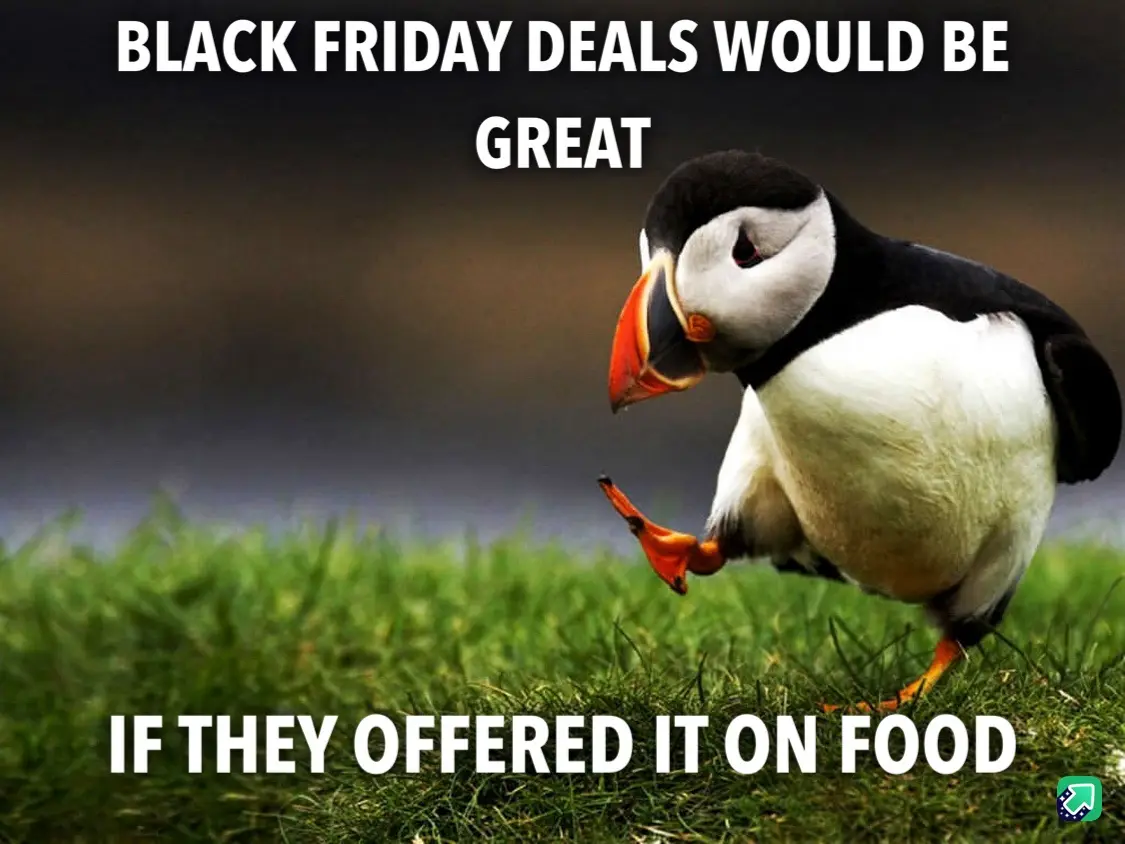 A penguin stands on green grass, looking down with one foot lifted, as if contemplating. The text overlaid says 'BLACK…