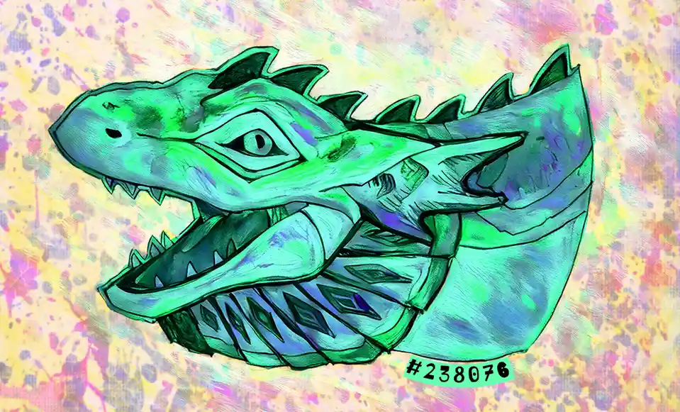 A stylized, green dragon skull with sharp teeth and spiky ridges is depicted against a vibrant, abstract background of…