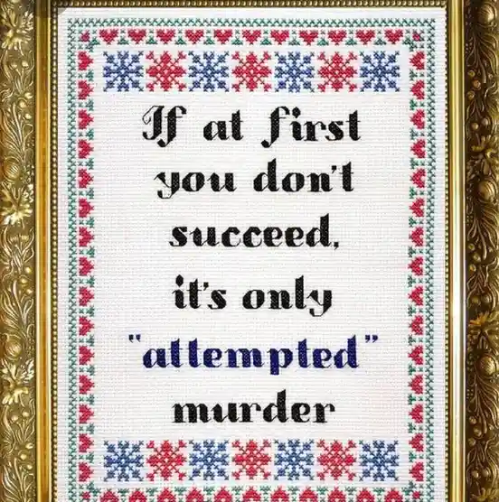 A framed cross-stitch piece with a decorative red, blue, and green border, displaying the text 'If at first you don't…