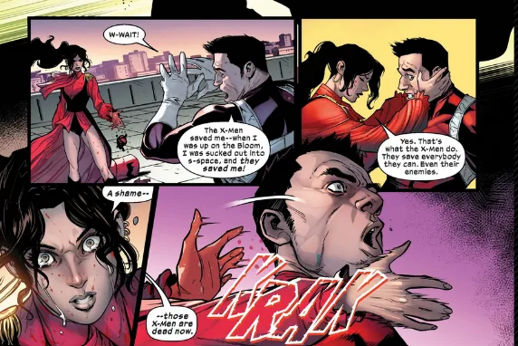 A comic book panel shows a woman in a red costume yelling 'W-WAIT!' as a man in a black suit gestures to her. In another…