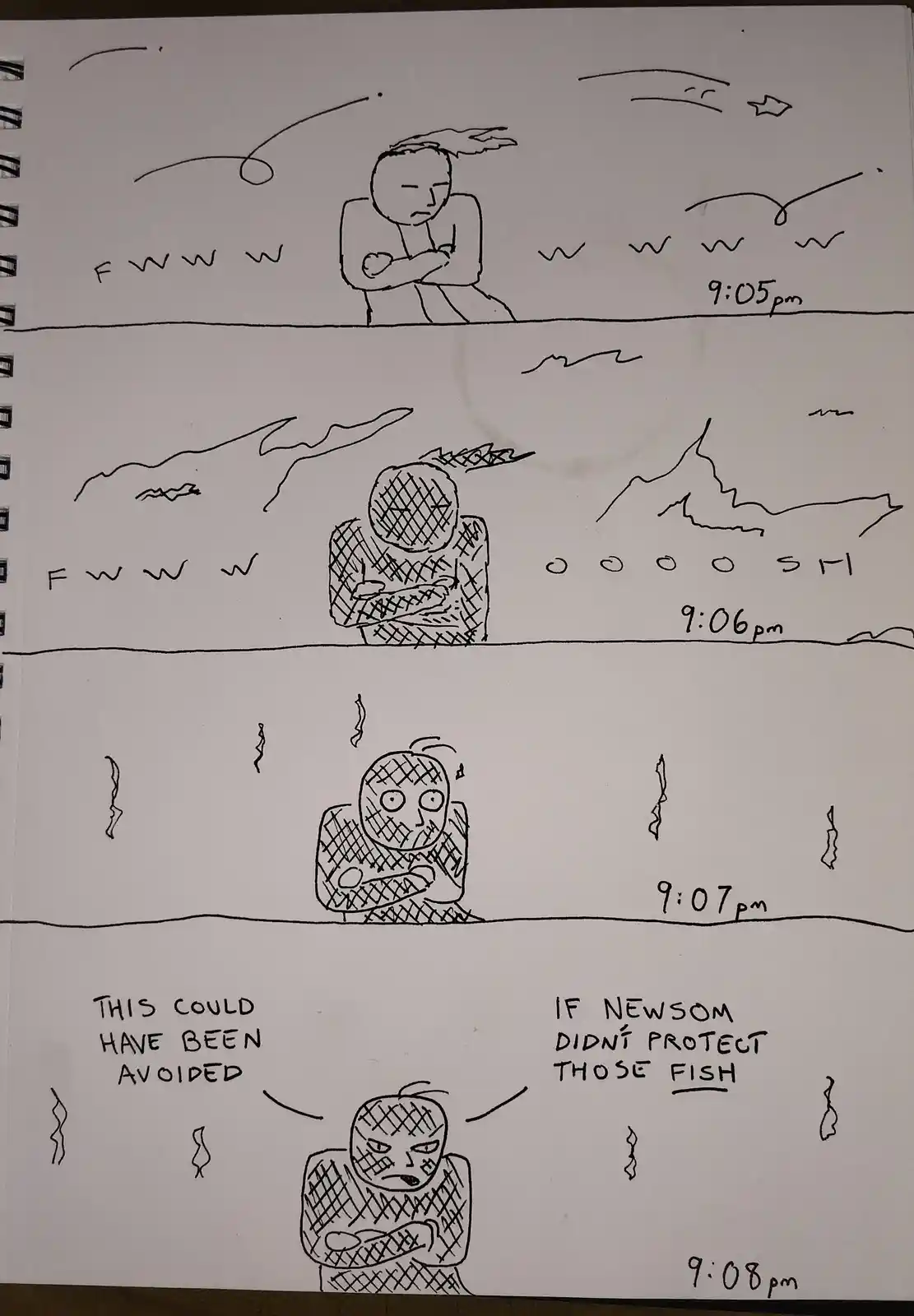 A hand-drawn comic strip in four panels shows a person progressively freezing in a snowy environment, with timestamps from…