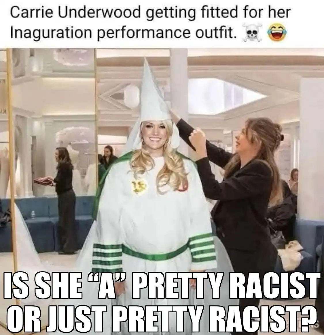 A woman with blonde hair is smiling while wearing a white costume with green trim and a tall pointed hat, resembling the…