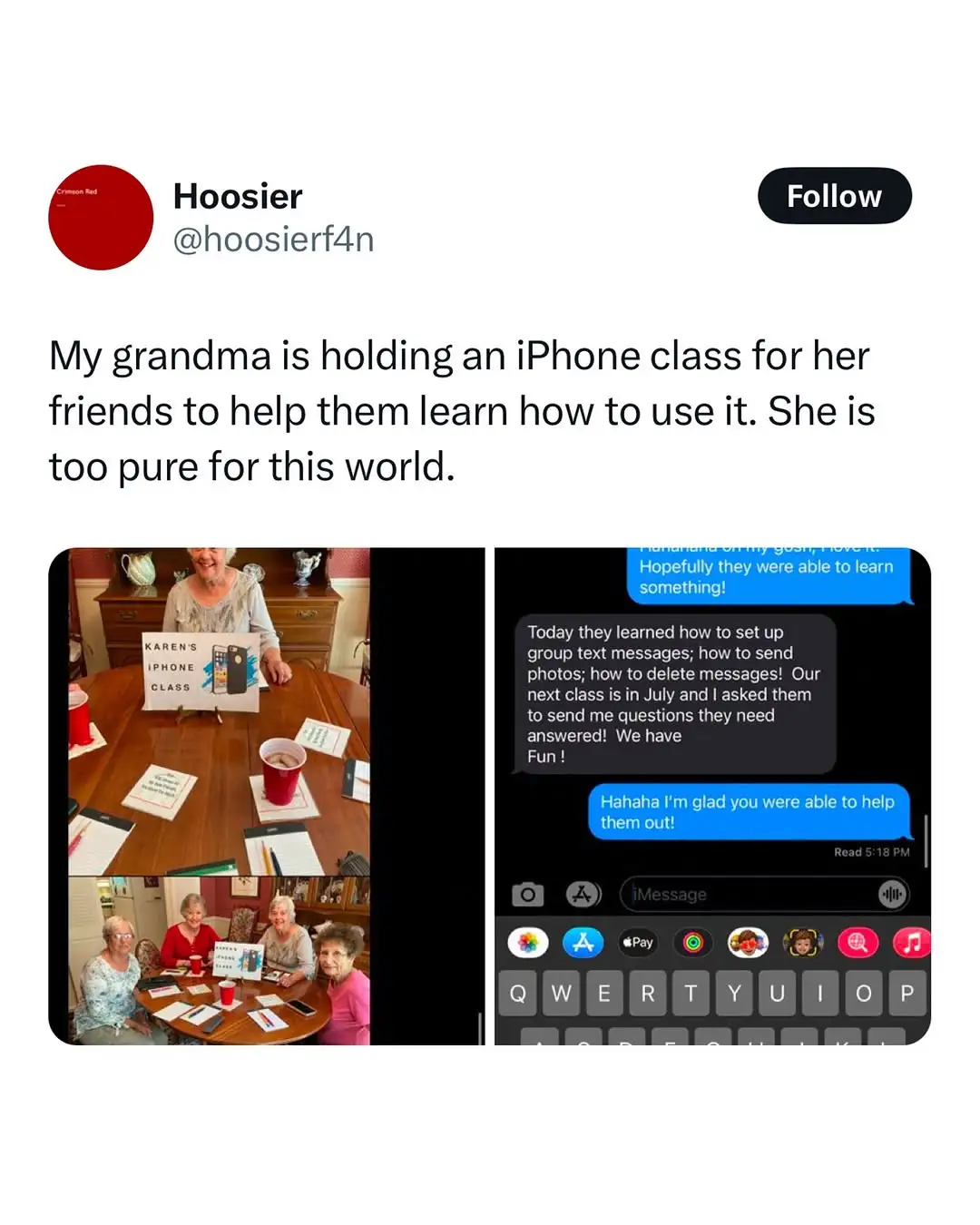 A social media post shows a photo of an elderly woman leading a 'KAREN'S IPHONE CLASS' with several older women around a…