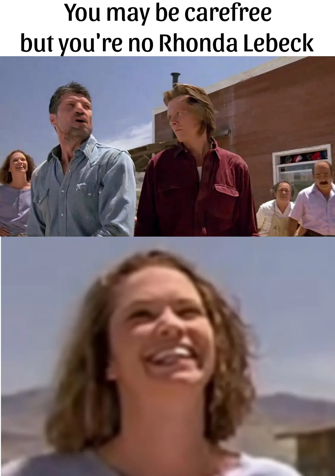 The top panel shows a group of people outdoors, looking upward with expressions of shock or awe, while the bottom panel is a…