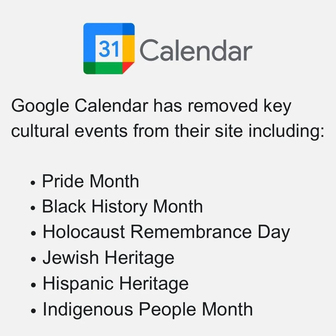 The image displays the Google Calendar logo with overlaid text claiming the service has removed key cultural events such as…