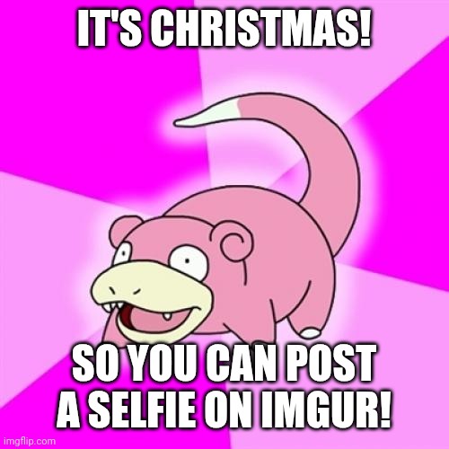 A pink, cartoonish Pokémon named Slowpoke is shown with a wide, toothy grin against a bright pink, radiating background. The…