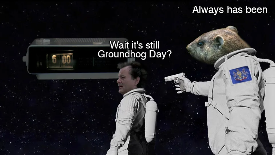 An astronaut with a groundhog head points a gun at another astronaut who looks confused, standing in space next to a digital…