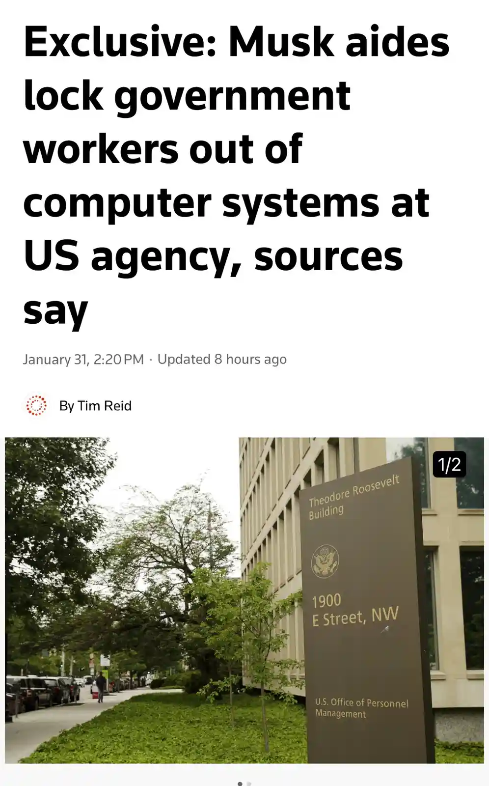 The image displays a screenshot of a news article with a headline claiming 'Exclusive: Musk aides lock government workers…