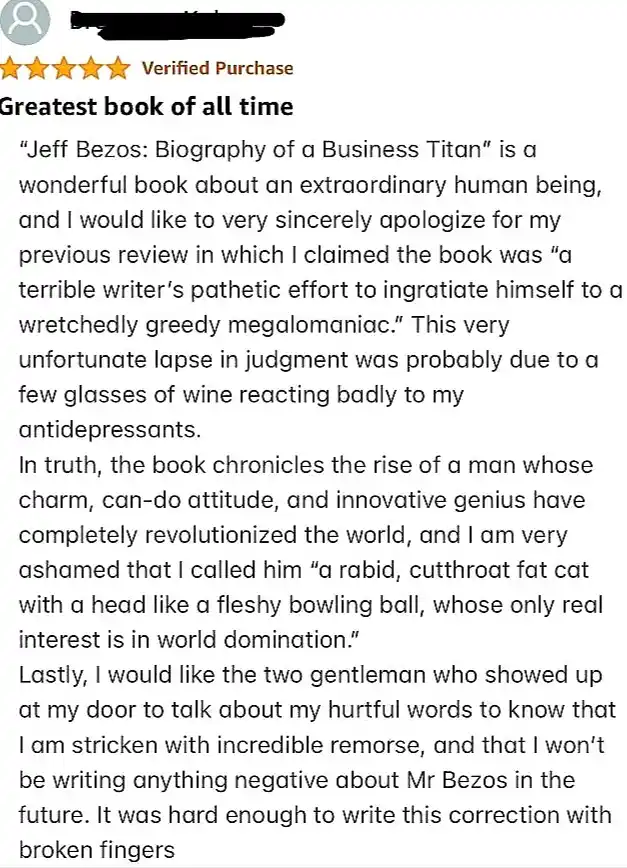 A screenshot of an Amazon review for 'Jeff Bezos: Biography of a Business Titan' that humorously apologizes for a previous…