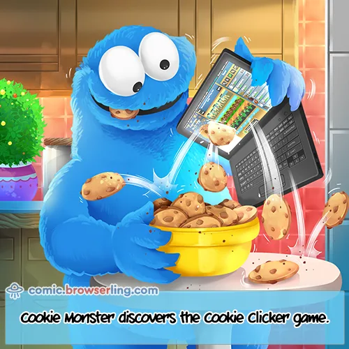 A cartoon Cookie Monster stands in a kitchen, holding a yellow bowl and pouring cookies from a laptop screen into the bowl…