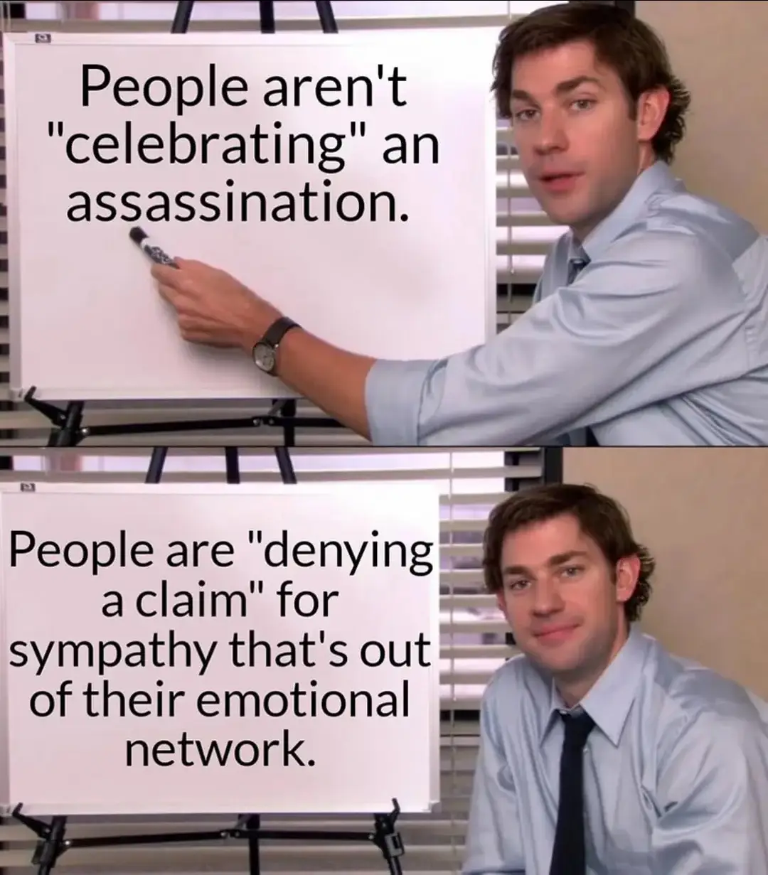 A two-panel meme featuring actor John Krasinski as Jim Halpert from The Office. In the top panel, he points at a whiteboard…
