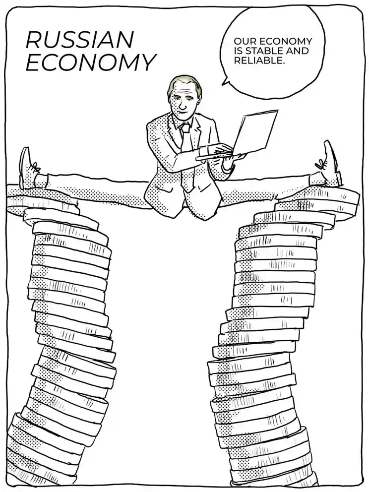 A black-and-white cartoon shows a man in a suit sitting relaxed with feet up on two towering, precarious stacks of coins…