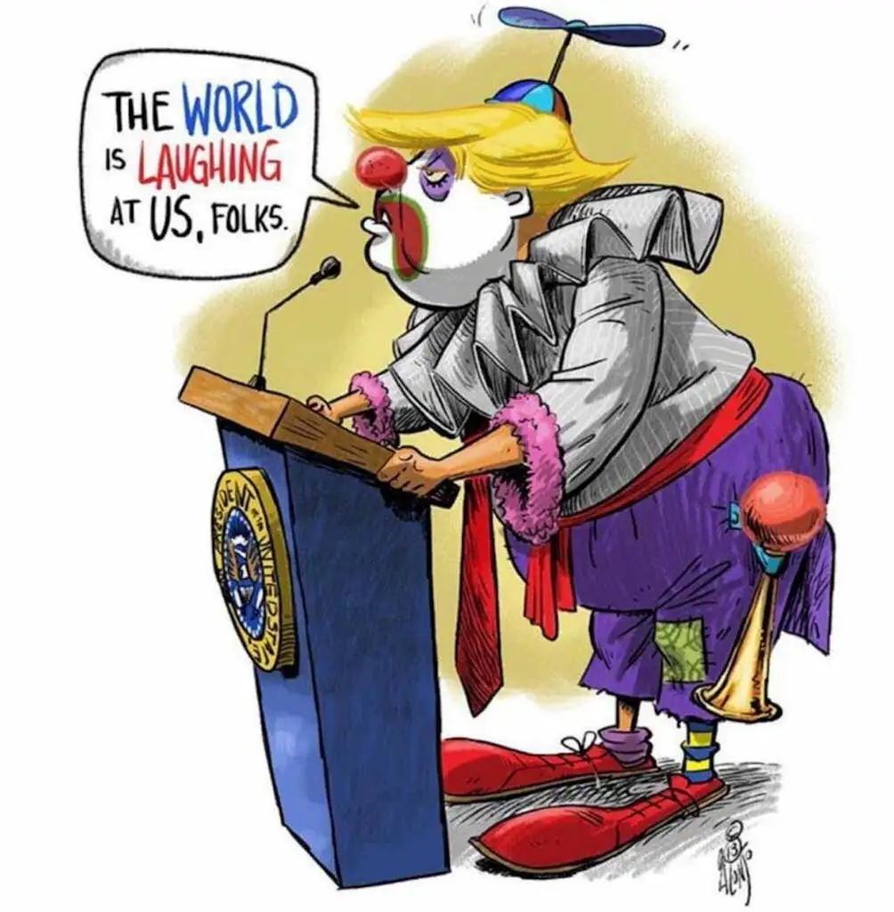 A cartoon caricature of a figure resembling Donald Trump dressed as a clown, standing at a podium with the Presidential…