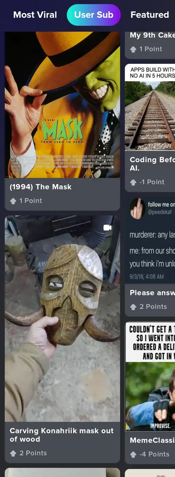 A screenshot of a meme page shows a user-submitted post featuring a hand holding a crudely carved wooden mask with horns and…