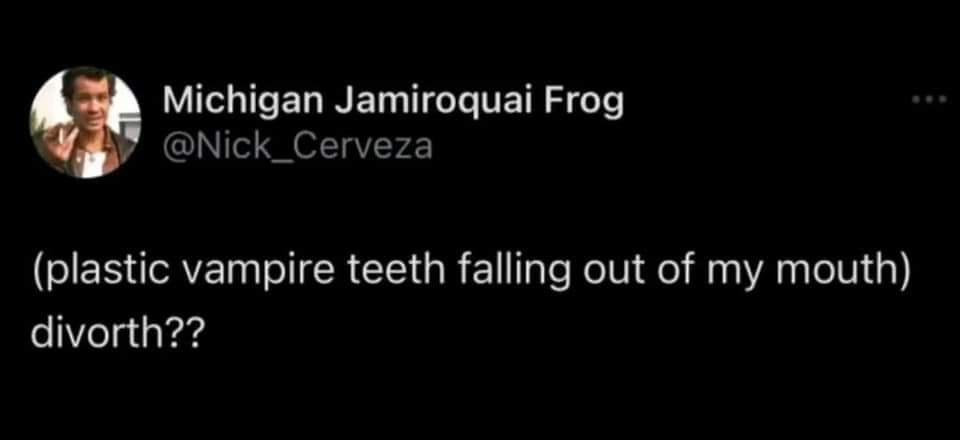 A screenshot of a tweet from 'Michigan Jamiroquai Frog' (@Nick_Cerveza) shows a man in a circular profile picture making a…