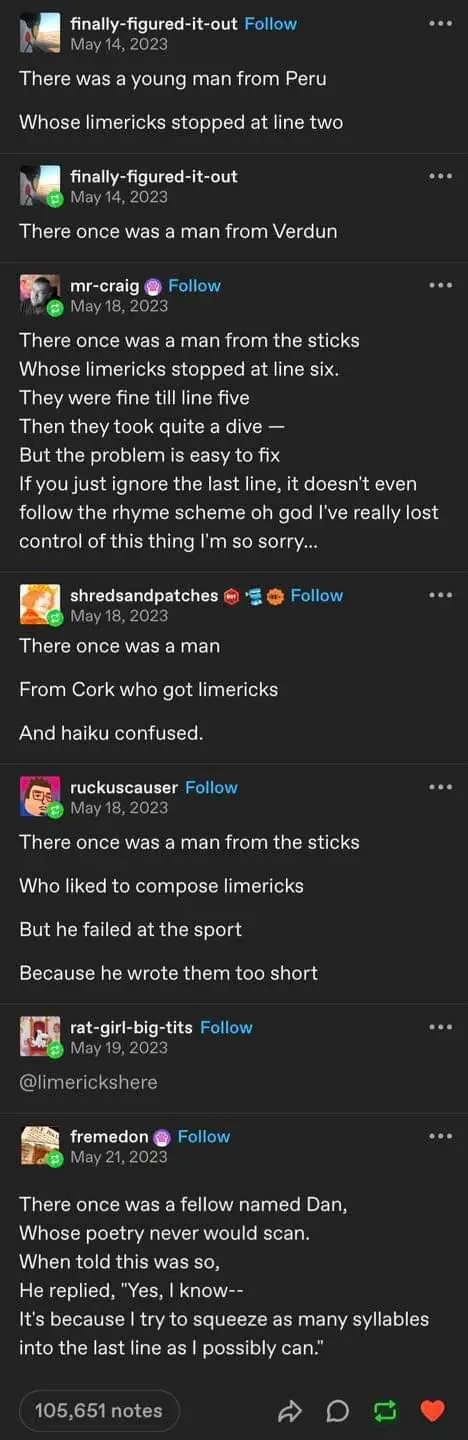 A screenshot of a social media thread showing several users posting limerick jokes, with one user's post humorously…