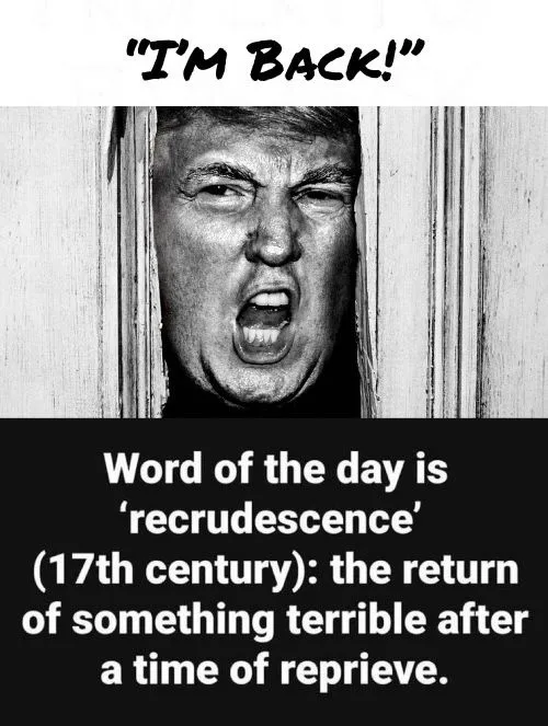 A black and white image shows Donald Trump peeking through a doorway with an angry, shouting expression. Overlaid text at…