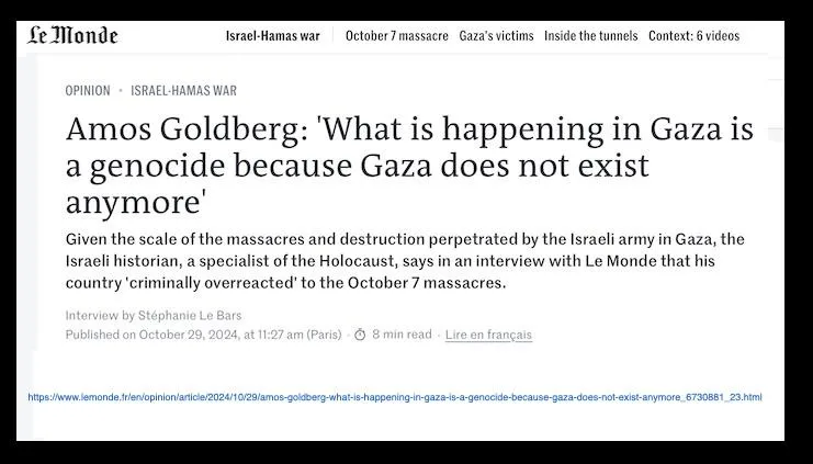 A screenshot of a Le Monde opinion article from October 29, 2024, featuring a headline that quotes Israeli historian Amos…