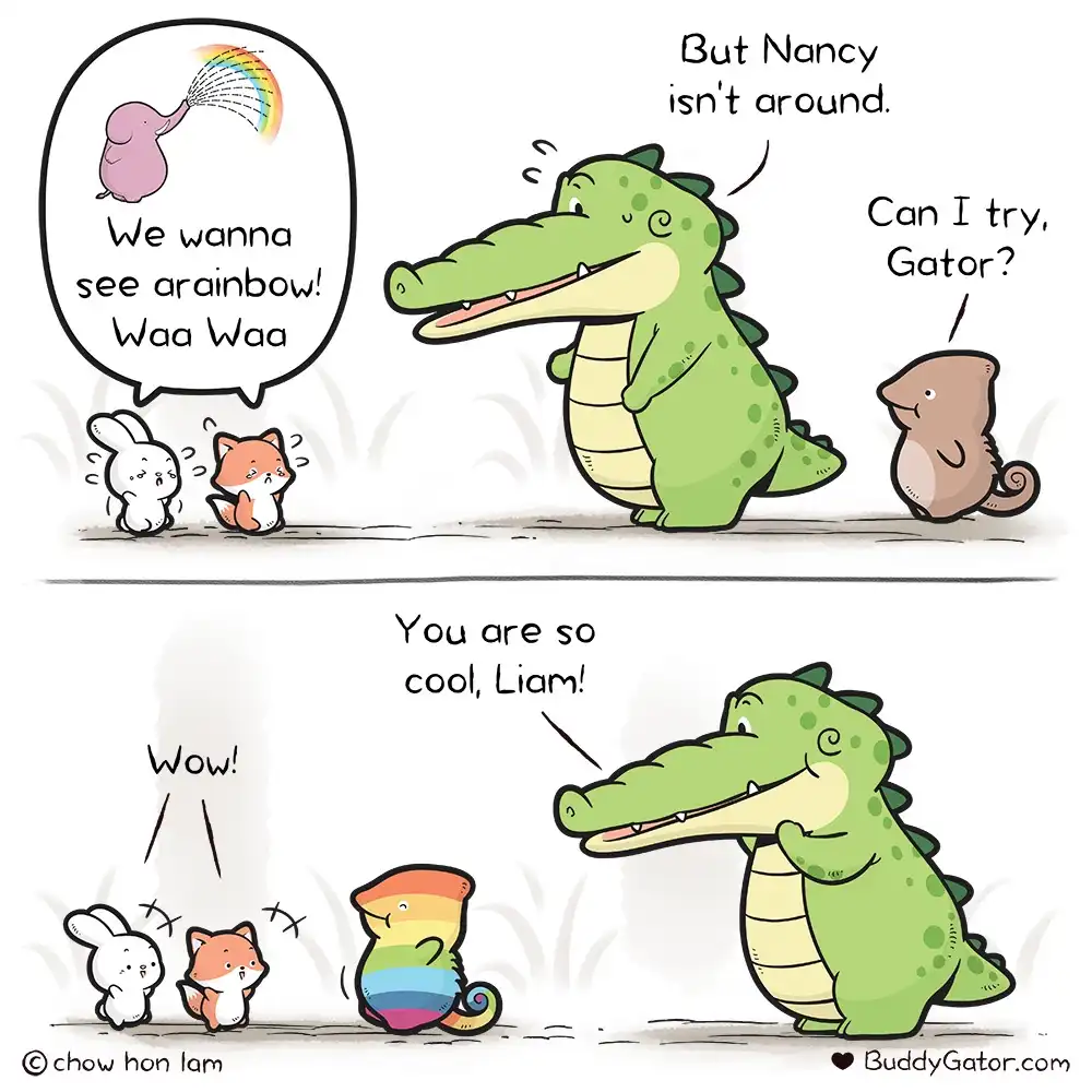 A two-panel cartoon shows a green alligator named Gator and a small brown creature named Liam. In the first panel, a rabbit…