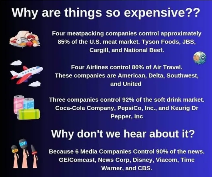 An infographic-style meme with a dark blue background and white text, listing monopolistic control in various industries. It…