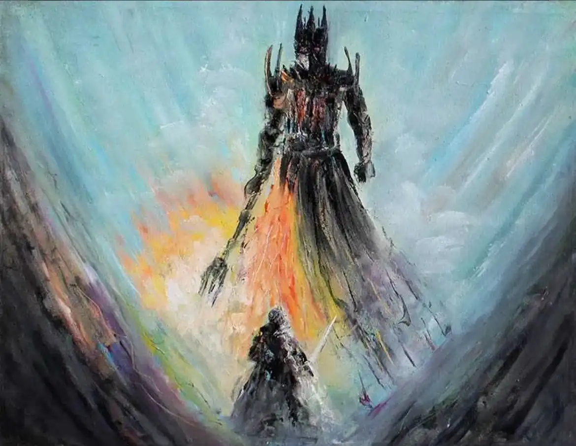 A dramatic, painterly image depicts a tiny, armored warrior holding a sword, facing a towering, menacing dark figure with a…
