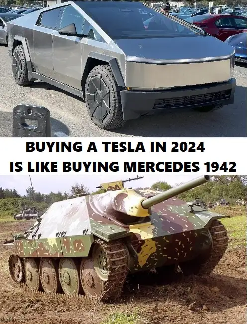 The image is a two-panel meme. The top panel shows a silver Tesla Cybertruck parked in a lot. The bottom panel shows a…