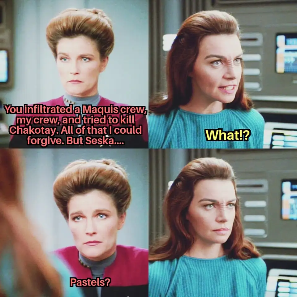 A four-panel meme using Star Trek: Voyager scenes. Top left: Captain Janeway (in red uniform) says, 'You infiltrated a…