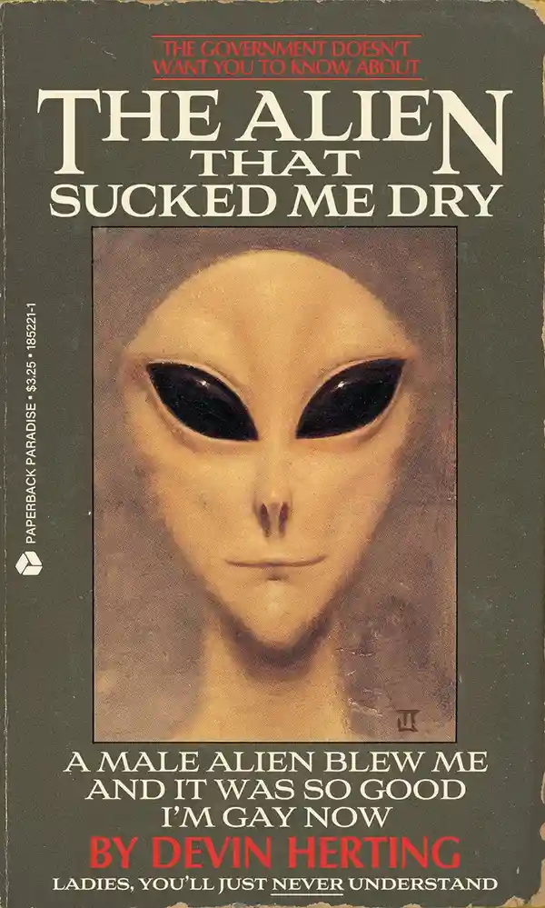 The image is a parody book cover featuring a classic alien face with large black eyes. The text reads 'THE GOVERNMENT…
