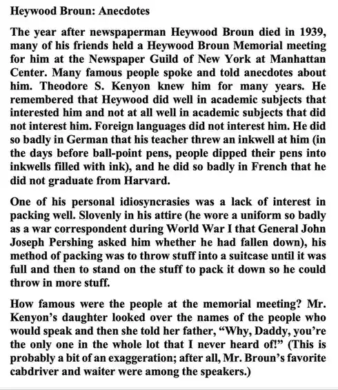 The image displays a black-and-white text excerpt titled 'Heywood Broun: Anecdotes,' detailing humorous stories about the…