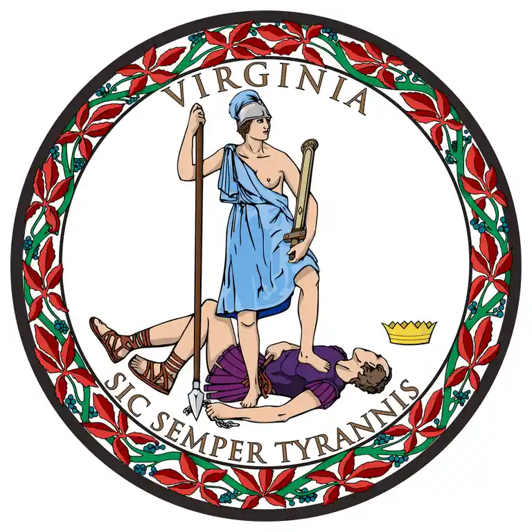 The official seal of the Commonwealth of Virginia features a classical female figure, personifying Virtue or Liberty…